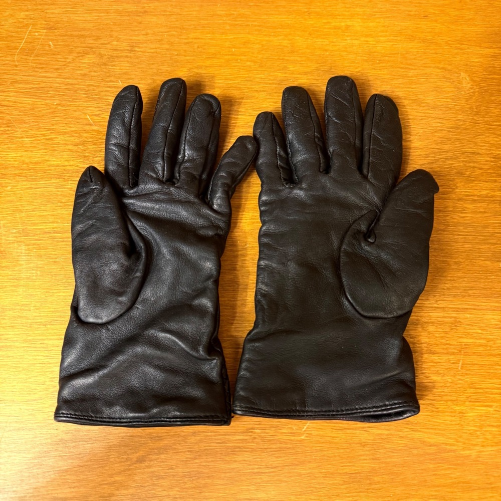 Black Cashmere Lined Willi Smith Leather Gloves Womens M Woven Cuff Quiet Luxury